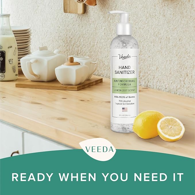 Veeda Scented Hand Sanitizer with Lemon Zest Scent - Moisturizing Clear Gel with Vitamin E & Antimicrobial Formula- Contains 70% Ethyl Alcohol - Hand Sanitizer Travel Size, Made in USA (2 x 8 oz. fl)