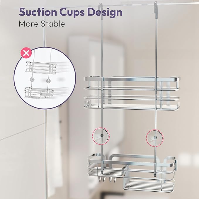 SWTYMIKI Shower Caddy Hanging Organizer - Over the Door Shower Caddy with Soap Holder, 11 Hooks, 2 Installation Ways, Stainless Steel Rustproof Bathroom Organizer, Silver