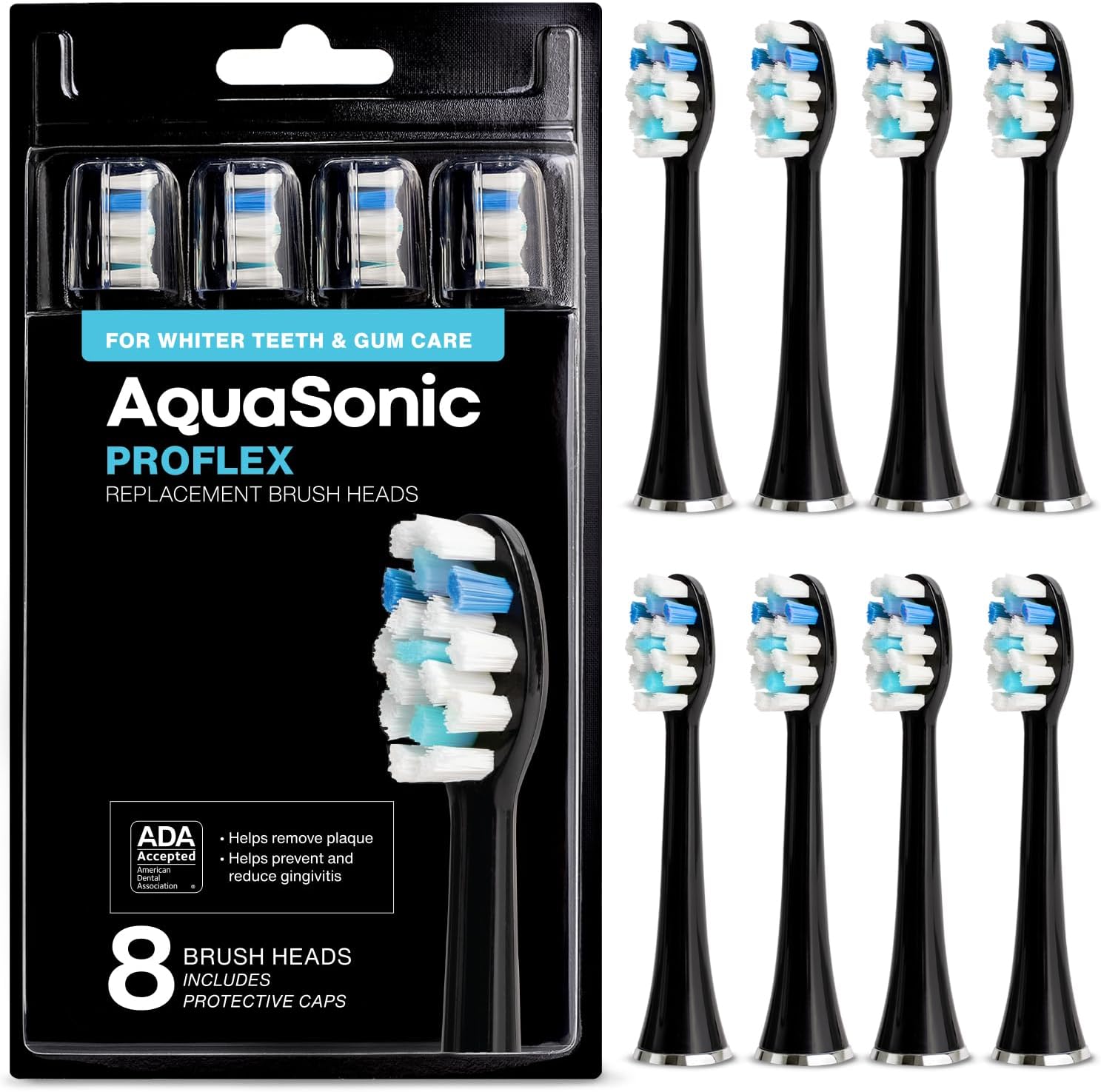 AquaSonic Proflex Replacement Brush Heads | ADA Accepted | for Whiter Teeth & Gum Care | Compatible with Many AquaSonic Toothbrush Handles (8 Pack Black)