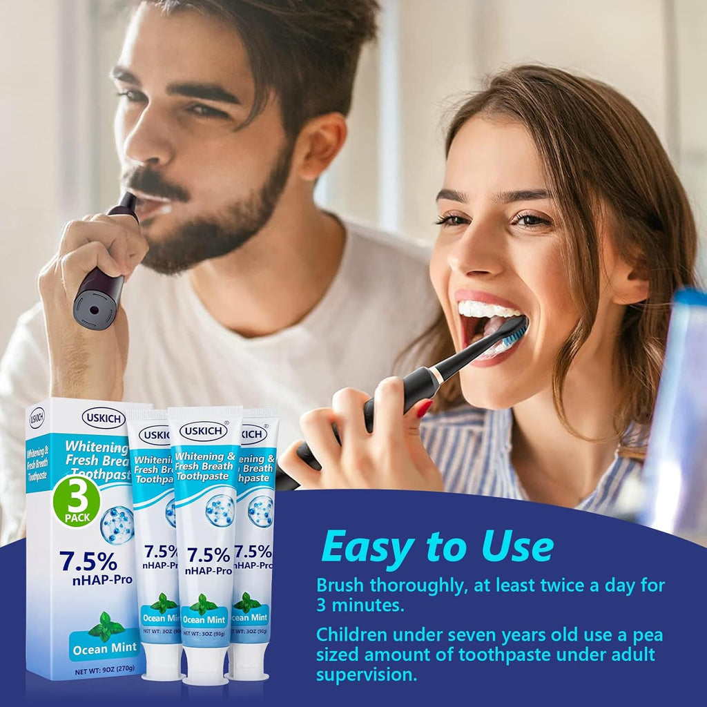 3 Pack Natural Whitening Fluoride Toothpaste,Whitening Toothpastes with Ocean Mint,Nano Hydroxyapatite Toothpaste, Appropriate for Sensitive Teeth - for Adult, Kids Oral Care,3 Oz Tubes