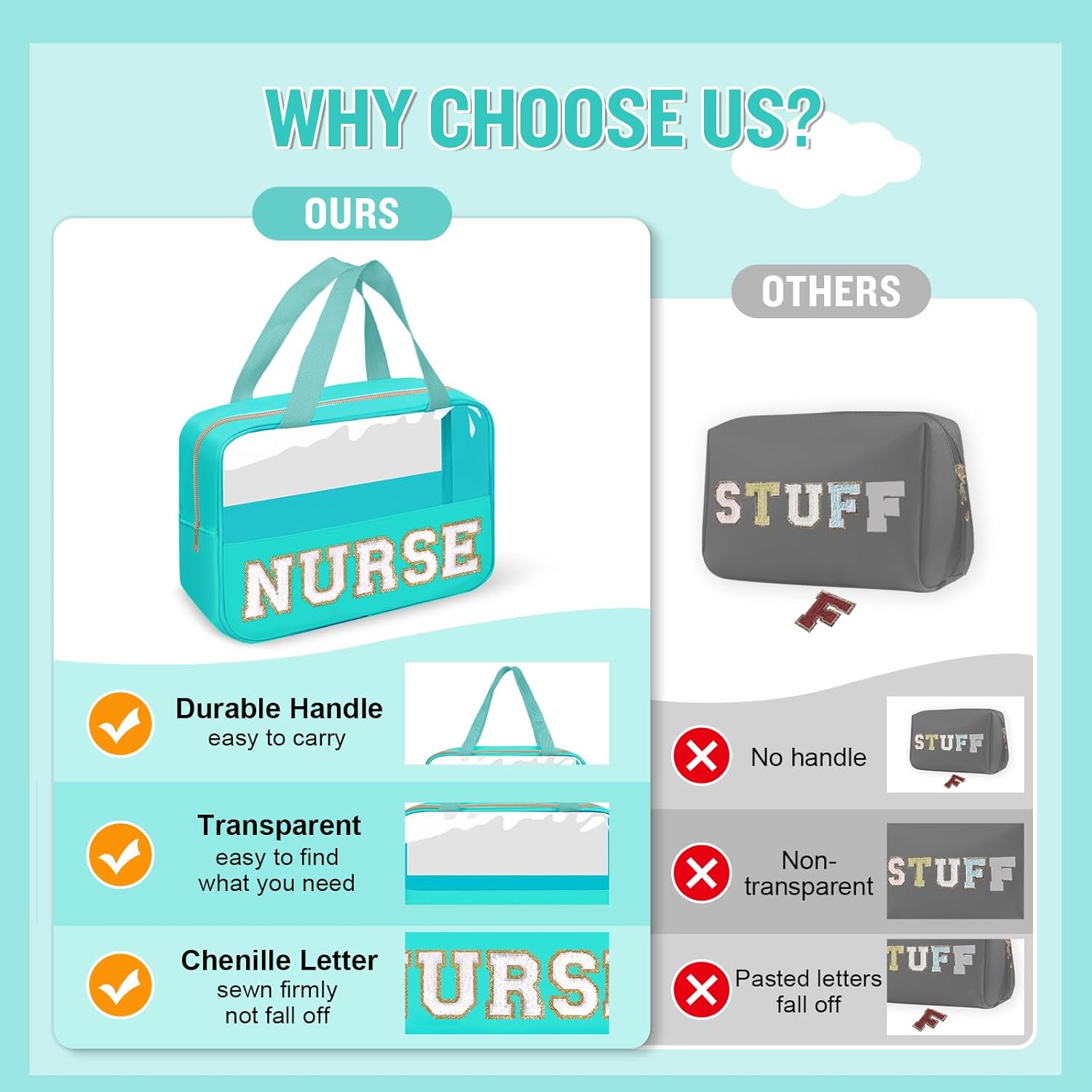 Nurses Week Gifts Chenille Letter NURSE Makeup Bag for Women,Preppy Nurse Cosmetic Pouch Zipper with Handle Nurse Essentials Bag for Work Supplies,Medical Assistant Bag Nursing Students(NURSE-Green)