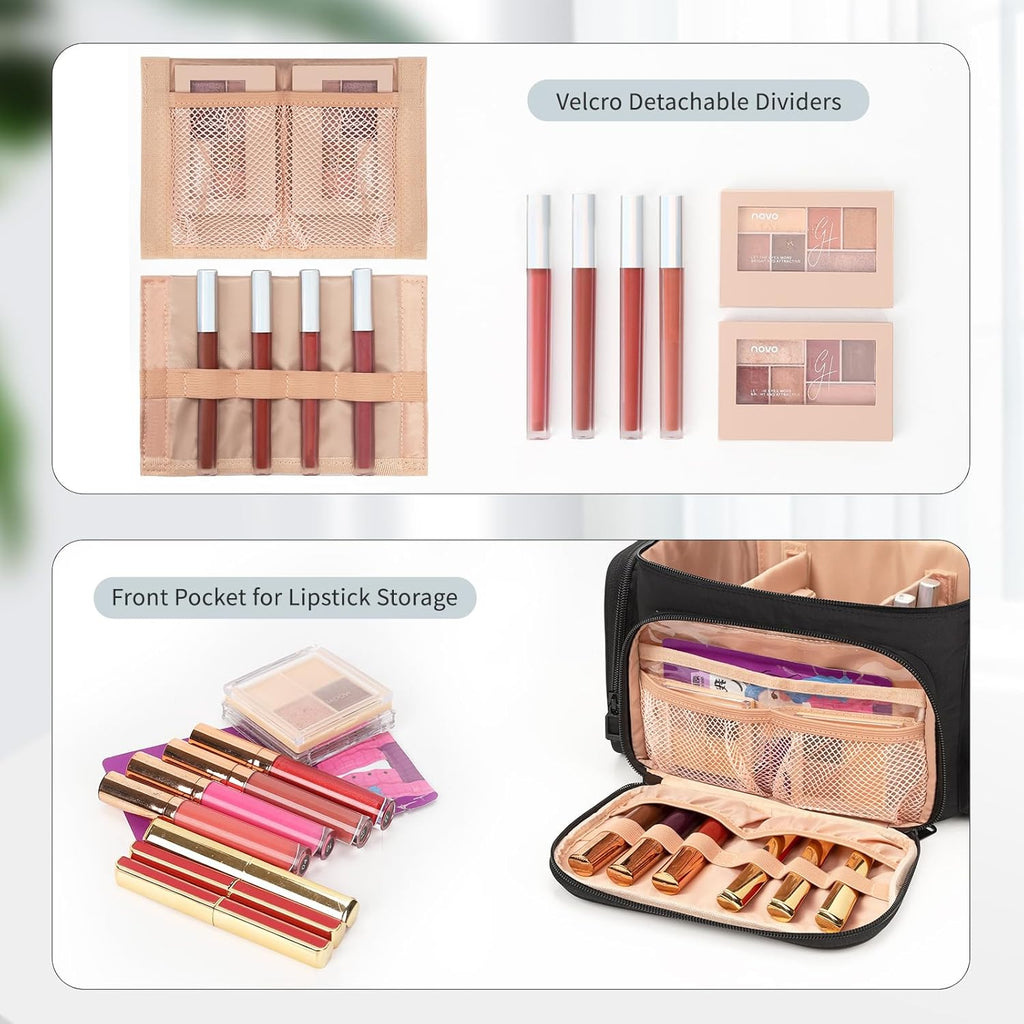 Travel Makeup Bag, Lightweight Large Makeup Bag Organizer for Women Girls with Makeup Brush Compartment & Two Side Pockets, Cosmetic Travel Bag Vertical Storage- Black02