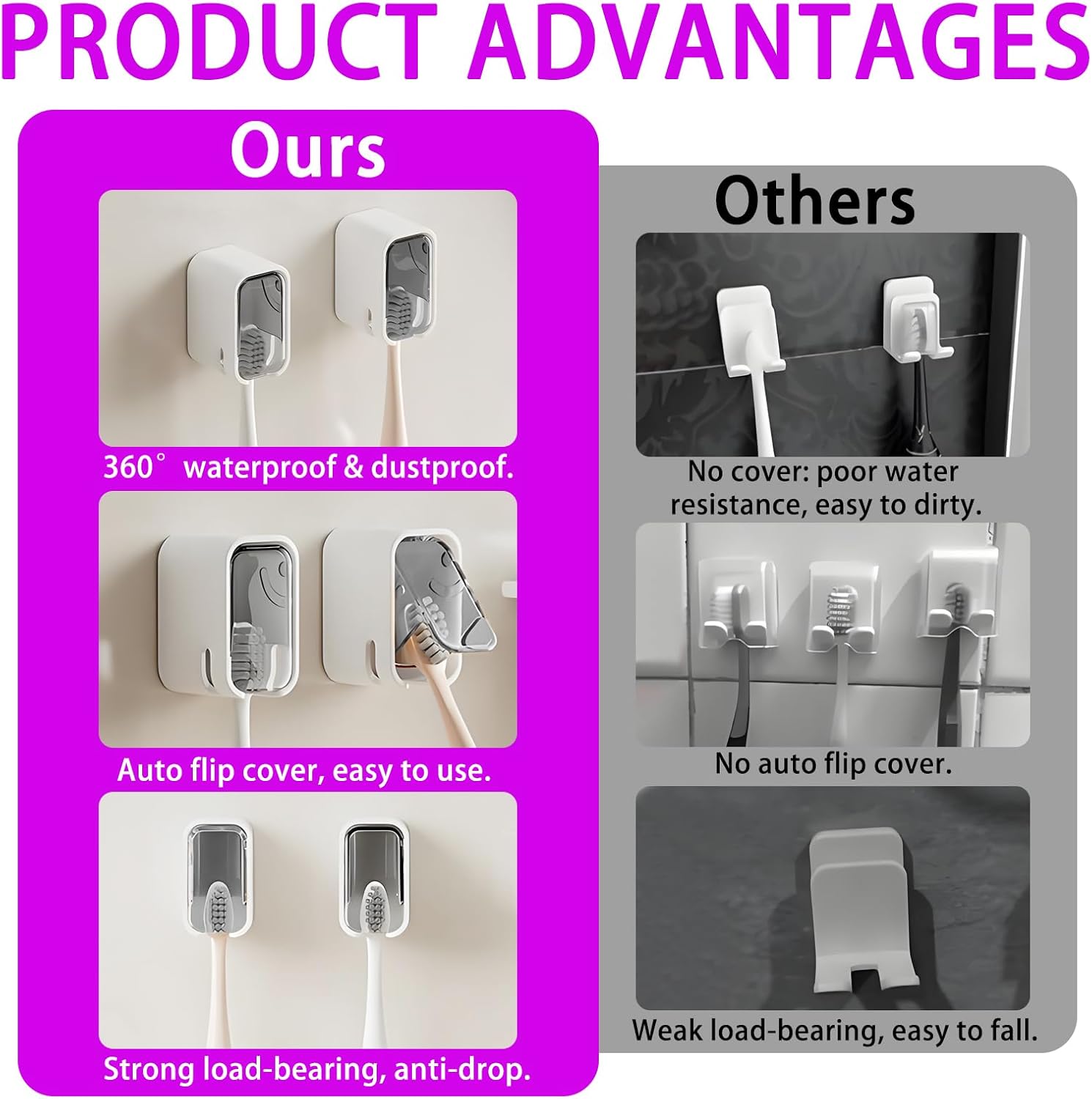 4PC Wall Mounted Toothbrush Holder Set with Cover, Waterproof and Dustproof Electric Toothbrush Holders, Durable ABS+PS Material, Suitable for 99% of Toothbrushes, Bathroom Tooth Brush Holder