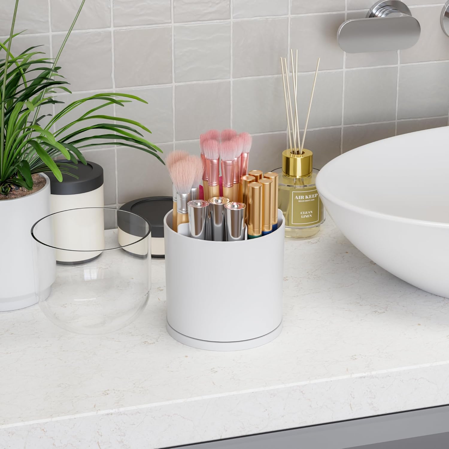 Yieach Countertop Makeup Organizer for Vanity,Large Capacity Skincare Organizers With Drawers and Makeup Brush Holder,Cosmetic Display Cases with Clear Cover for Bathroom,Dresser,Beauty Product,White