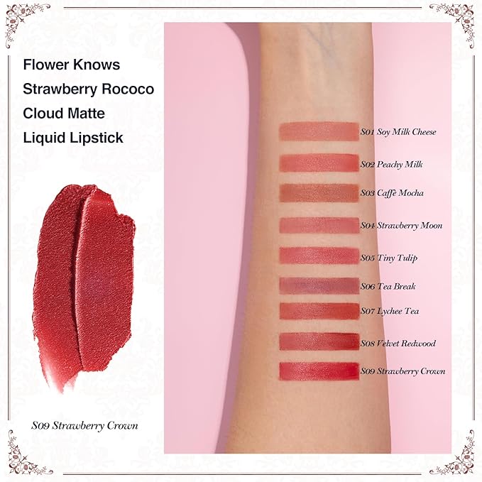 Flower Knows Strawberry Rococo Cloud Lip Cream,Long Lasting Vibrant Red Matte Lipstick,Hydrating Lip Stain,Transfer & Smudge Proof Velvet Liquid Lipstick for Girls&Women,0.12 Fl Oz(09 Strawberry Red)