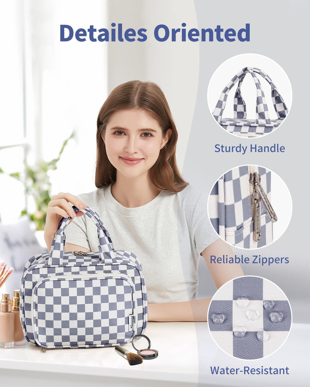 Narwey Large Travel Toiletry Bag for Traveling Women, Cosmetic Makeup Bag Make Up Organizer, Checkered Travel Bag for Toiletries with Handle (Grayish Blue Checkerboard)