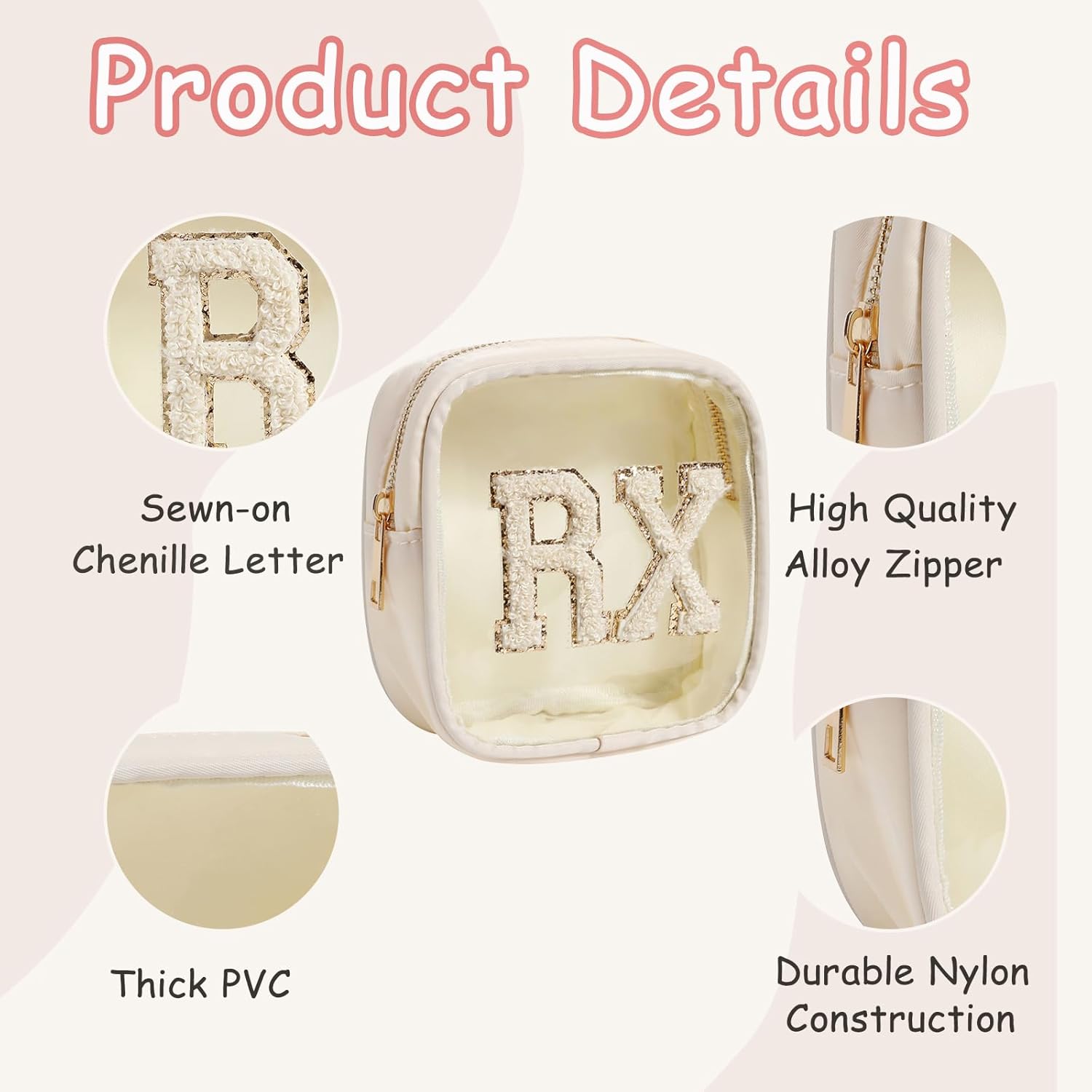 Small Chenille Letter Clear Medicine Makeup Bags,Nylon PVC Waterproof Rx Pouch with Metal Zipper, Cute Drug First Aid Travel Organizer for Women Girls(06Beige)