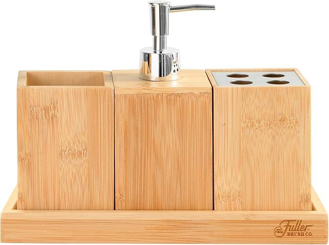 Fuller’s Bamboo Bathroom Counter Set – Eco-Friendly & Water-Resistant Sink Organizer | 4-Piece Vanity Tray, Soap Dispenser, Toothbrush Holder & Storage Container