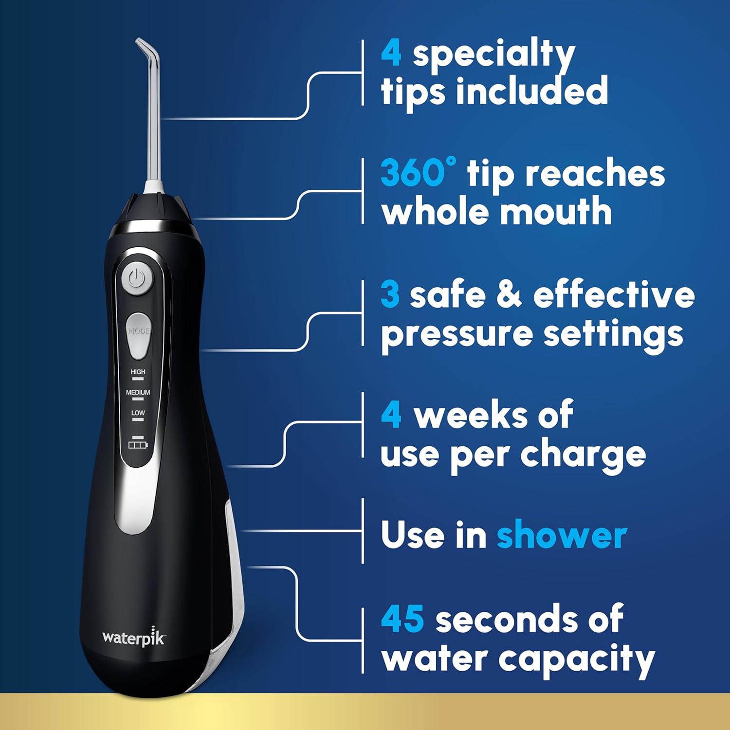 Waterpik Cordless Advanced 2.0 Water Flosser For Teeth, Gums, Braces, Dental Care With Travel Bag and 4 Tips, ADA Accepted, Rechargeable, Portable, and Waterproof, Black WP-582, Packaging May Vary