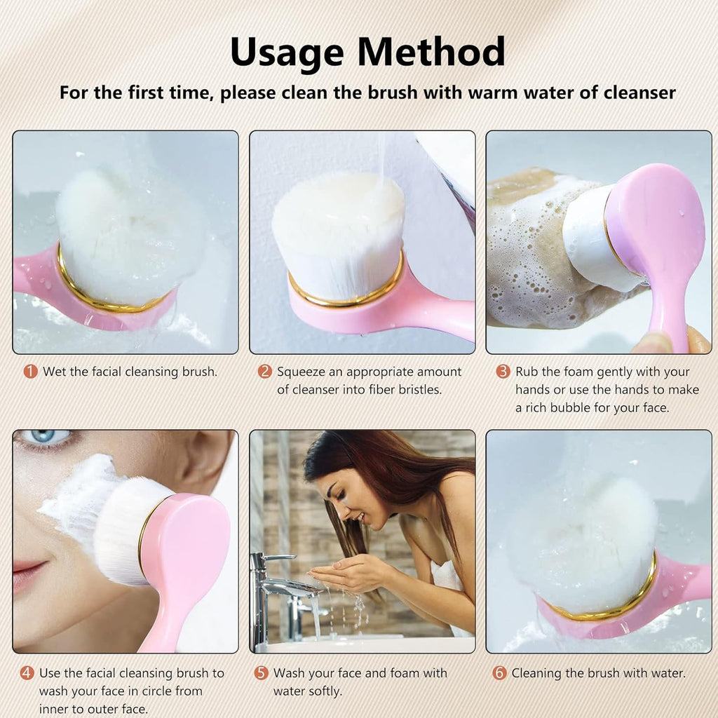 2 Pack Soft Bristle Facial Cleansing Brush for Deep Pore Cleaning, Face Exfoliating Scrub Brush for Face Cleansing Skincare Massaging,Pink
