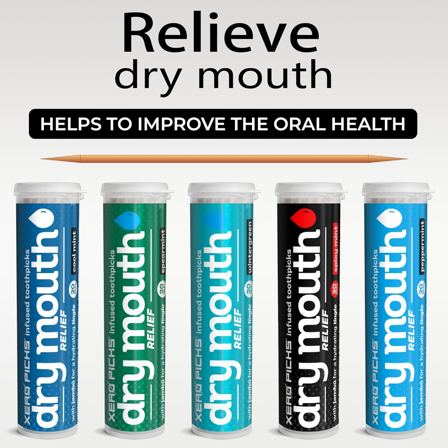 Xero Picks Infused Tooth Picks for Long-Lasting Fresh Breath & Dry Mouth Prevention - 20 Picks (Variety Mints, 5 Pack)-Spearmint, Cool Mint, Wintergreen, Peppermint, Spicy Mint