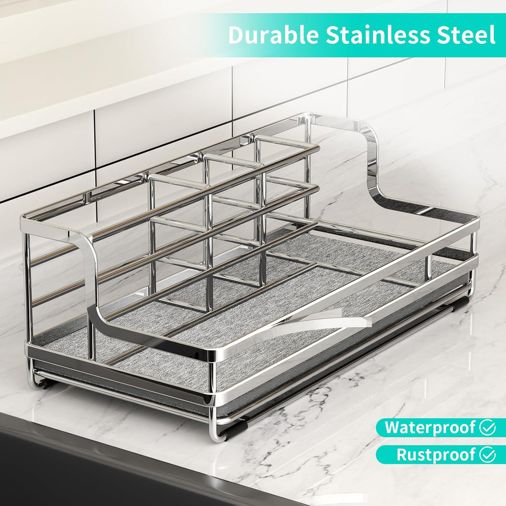 HapiRm Toothbrush Holders for Bathroom - 5 Partitions Bathroom Counter Organizer with Instant Drying Stone, Stainless Steel Countertop Storage Electric Toothbrush Toothpaste Holder - Silver