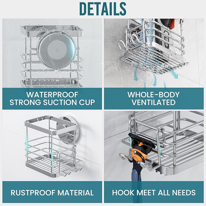 TAILI Patented Suction Cup Toothbrush Holder, Stainless Steel Anti-Puddling Shower Toothbrush Holder, No Drilling Removable Organizer for Bathroom Toothpaste, Razor, Kitchen and Office Items, Silver