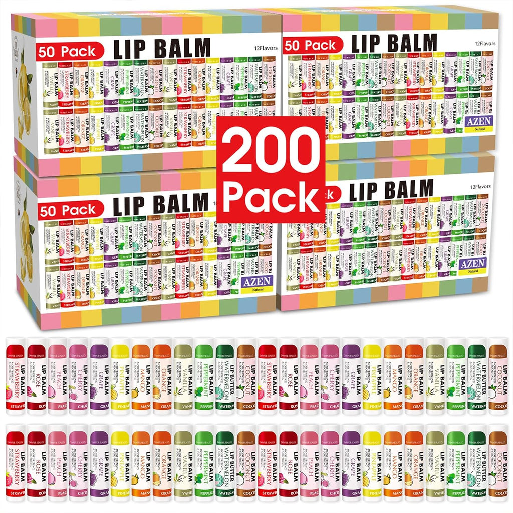AZEN 200 Pack Lip Balm, Natural Lip Balm Bulk, Lip Care Product, Moisturizing Lip Balms for dry cracked lips - 12 Flavors