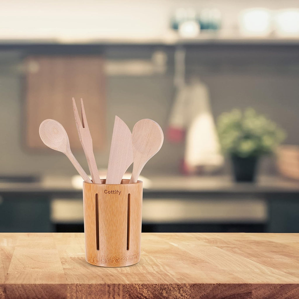 Cottify Bamboo Toothbrush Holder with Drainage, Quick Drying Bathroom Cup Holder, Toothpaste Holder, Wood Toothbrush Drainer, Stripes Glossy