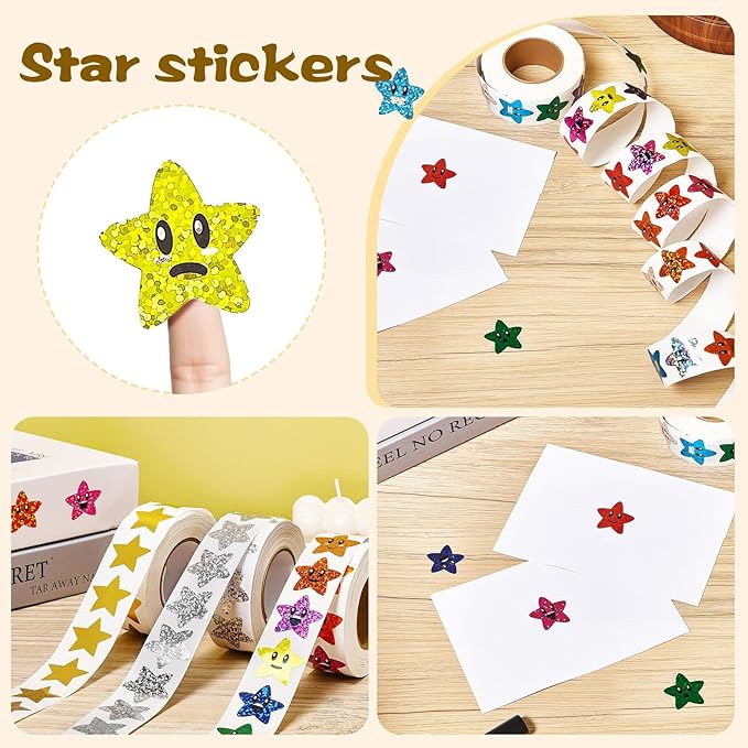 1000PCS Smiley Star Stickers for Kids Reward, 1 inch Holographic Star Stickers for DIY, Crafts, Behavior Chart, Student Planner, School and Classroom Teacher Supplies, 8 Colors