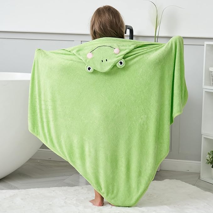 HIPHOP PANDA Hooded Towel - Rayon Made from Bamboo, Bath Towel with Bear Ears for Newborn, Babie, Toddler, Infant - Absorbent Large Baby Towel - Frog, 37.5 x 37.5 Inch