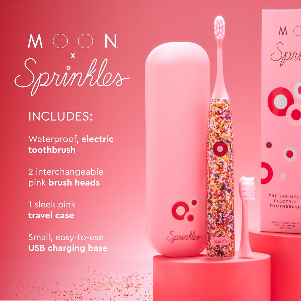 MOON x Sprinkles Toothbrush - Rechargeable Electric Toothbrush for Adults & Teens - 5 Sonic Cleaning Modes - Includes 2 Brush Heads & Travel Case - Cordless with Industry-Leading 6 Week Charge