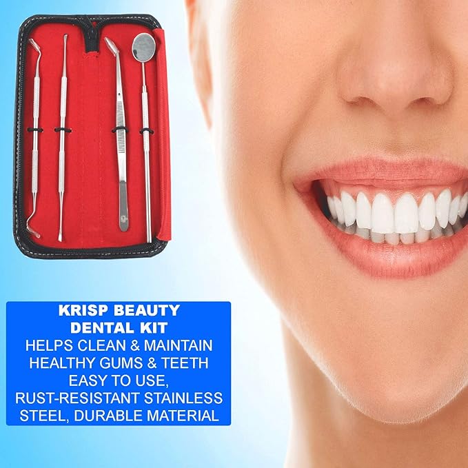 Professional Dental Tools - Dental Pick, Dental Scaler for Tartar Plaque Remover Tooth Cleaner Teeth Scraper Dentist Hygienist Kit Sickle Scaler Teeth Cleaning Set Stainless Steel 4 Pc By Krisp Beauty