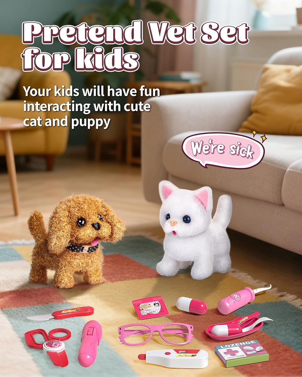 2 Plush Pets Cat & Dog, 36-Piece Vet Doctor Kit for Kids - Toddler Veterinarian Playset with Costume, Doctor and Dental Tools - Educational Pretend Play Toy Gift for Boys & Girls