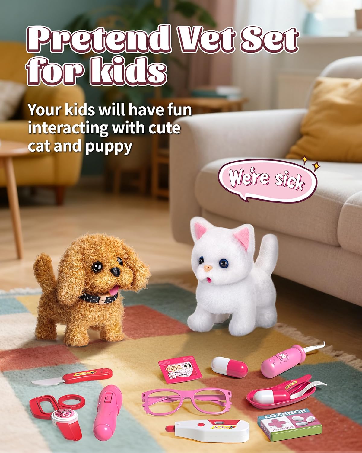 2 Plush Pets Cat & Dog, 36-Piece Vet Doctor Kit for Kids - Toddler Veterinarian Playset with Costume, Doctor and Dental Tools - Educational Pretend Play Toy Gift for Boys & Girls