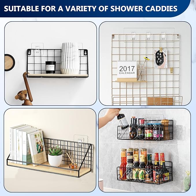 14 Pack Shower Caddy Replacement, Strong Adhesive Flat Hooks, Clear Waterproof Shower Shelf Strips for No Drilling Bathroom Storage Shelves, Soap Holder, and Kitchen Racks