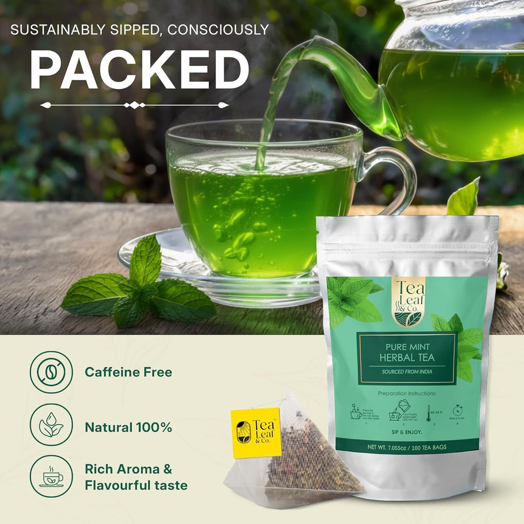 Tealeaf & Co. Pure Mint Herbal Tea Bags Blended with Fresh Herbs - Spearmint & Peppermint Tea - Contains Low Caffeine - Gluten Free - 100 Teabags (7.055oz/200gm)