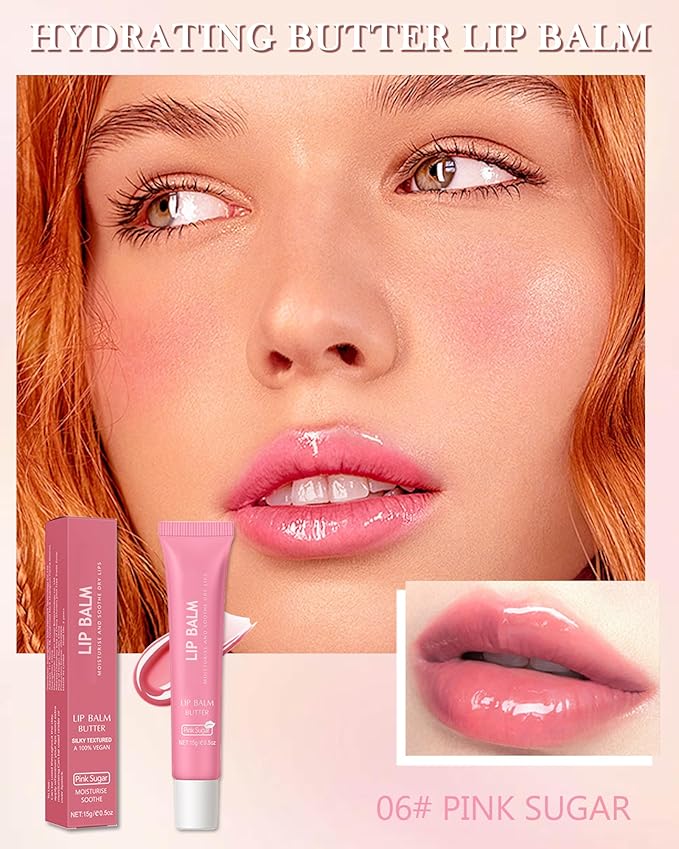 Lip Balm Butter Pink Sugar,Hydrating Tinted Butter Lip Gloss,Clear Lip Mask Lip Moisturizer,Lip Treatment Balm Lipgloss,Non-Sticky Jelly Glow Reviver Fat Lip Oil,Christmas Makeup Gift for Women-06