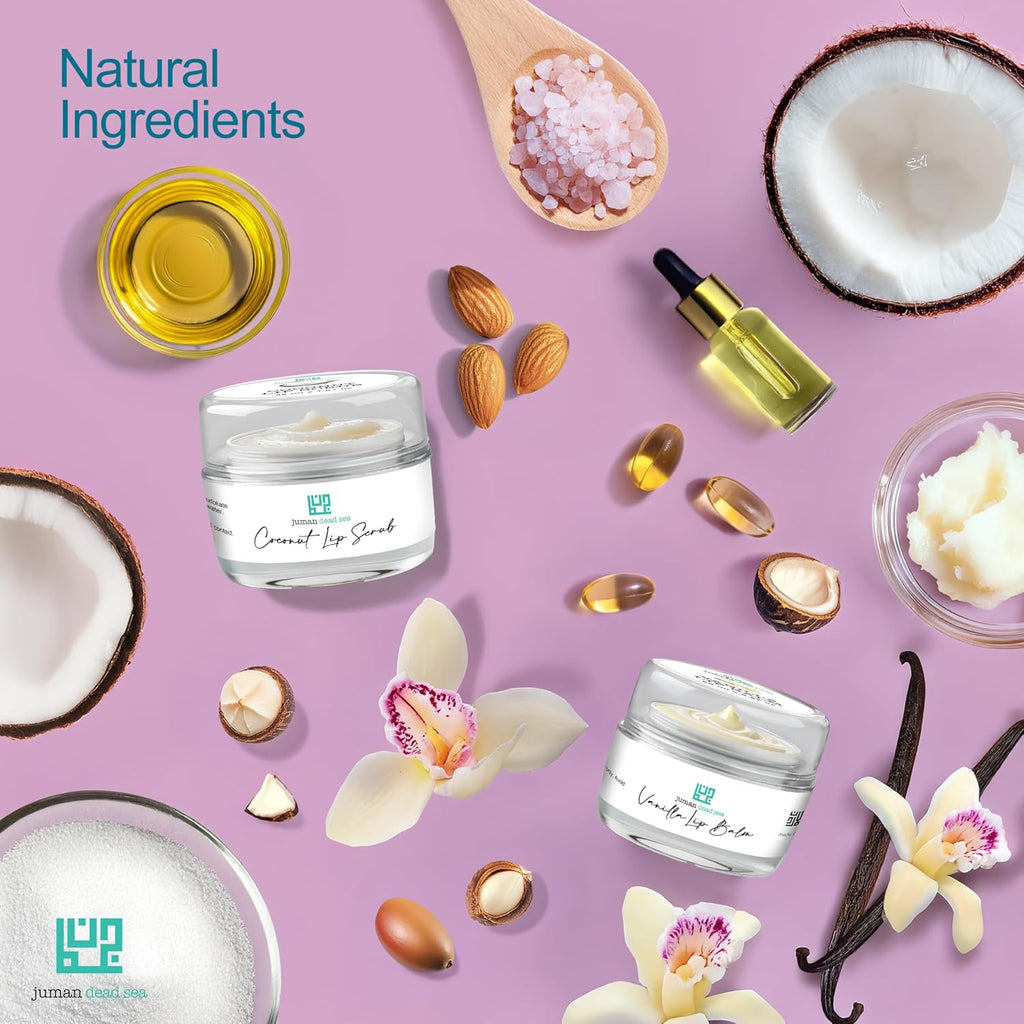 Juman Dead Sea Minerals Lip Scrub & Balm Set | Lip Exfoliator Scrub & Moisturizing Lip Balm | Vanilla & Coconut | Hydrates & Protects | With Essential Oils | Vegan | SLS & Paraben-Free