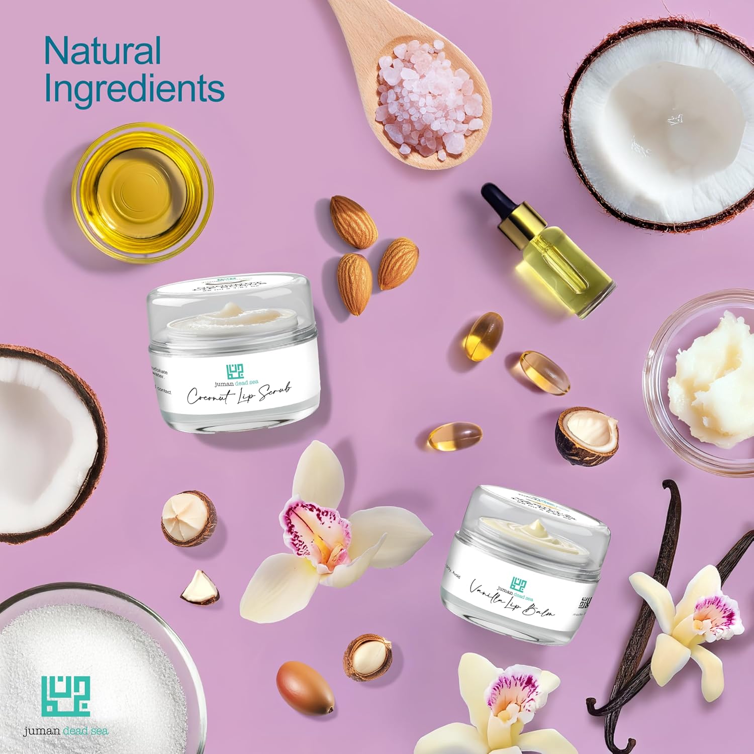 Juman Dead Sea Minerals Lip Scrub & Balm Set | Lip Exfoliator Scrub & Moisturizing Lip Balm | Vanilla & Coconut | Hydrates & Protects | With Essential Oils | Vegan | SLS & Paraben-Free
