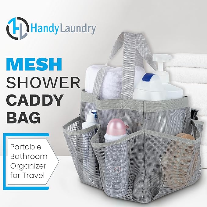 Handy Laundry Masirs Mesh Shower Caddy - 7 Pocket Portable Bathroom Organizer Tote for Travel, Gym & Dorm - Collapsible Small Shower Caddy Bag to Hold Toiletries & Essentials (Gray)