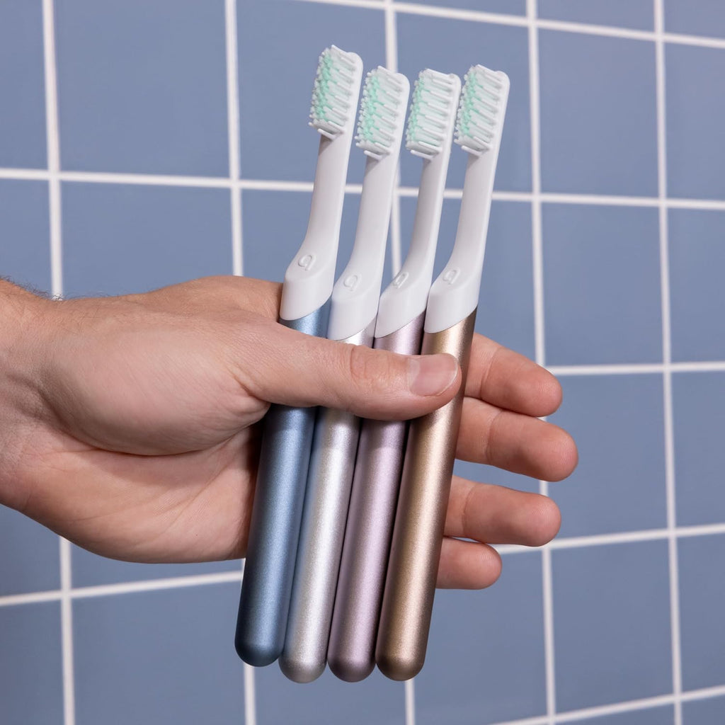 Quip Metal Sonic Electric Toothbrush for Adults - Time Travel & Soft Bristles with Travel Case & Replacement Brush Head - 3 Month Battery Life - Moonrise Champagne