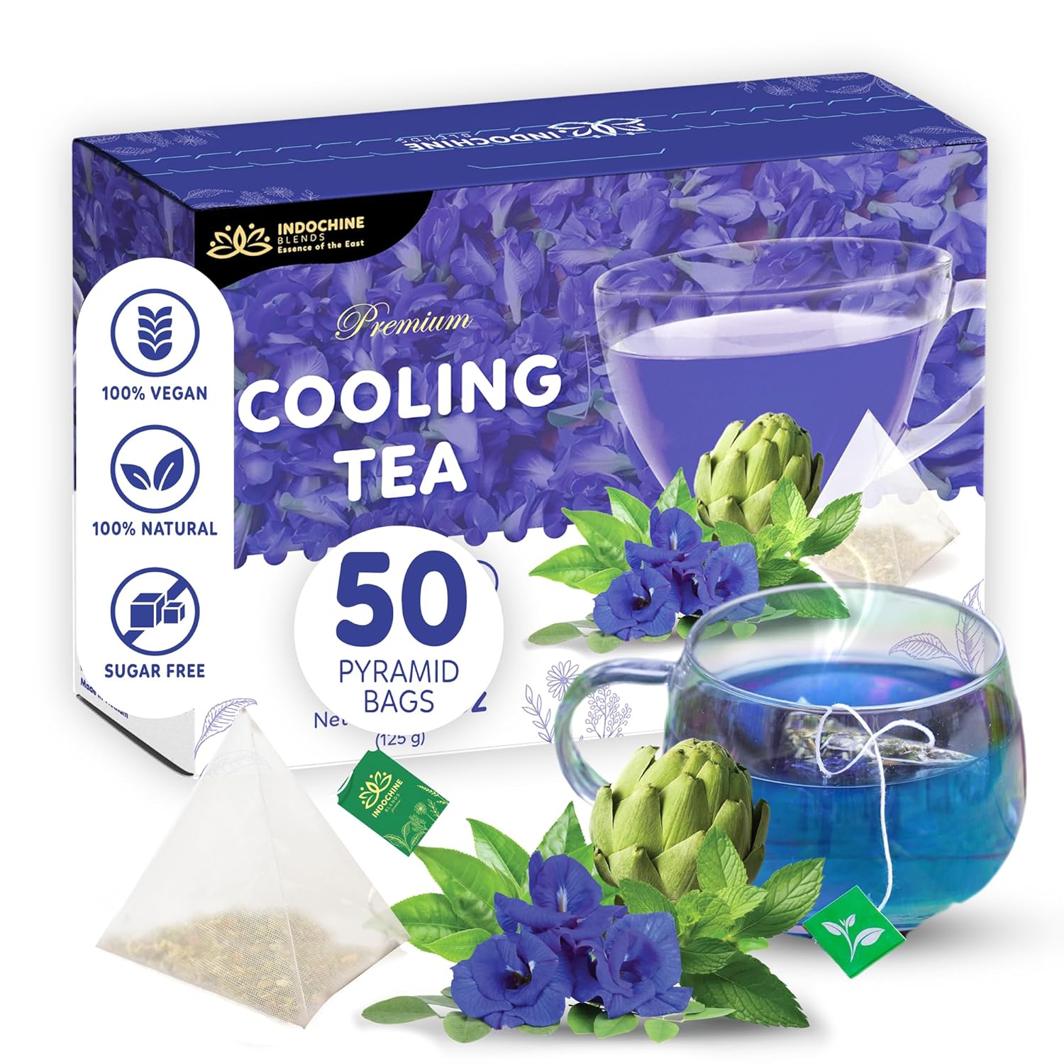 Indochine Blends Cooling Tea | Oolong, Artichoke, Butterfly Pea & Peppermint | Sugar-Free, Caffeine-Free Herbal Tea | Vibrant Blue | Herbal Tea for Relaxation | 4.4 oz | 50 Corn-Fiber Pyramid Bags