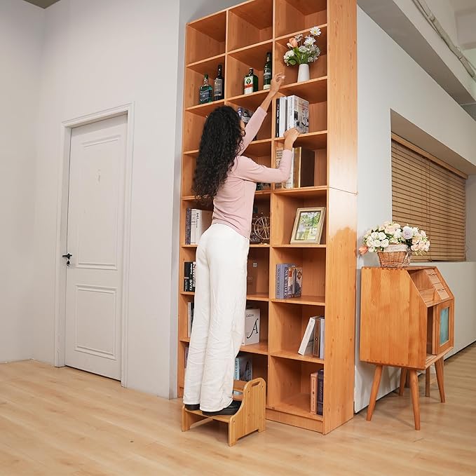 VaeFae Bamboo 2 Step Stool with Non-Slip Step Treads and 2 Cutout Handles