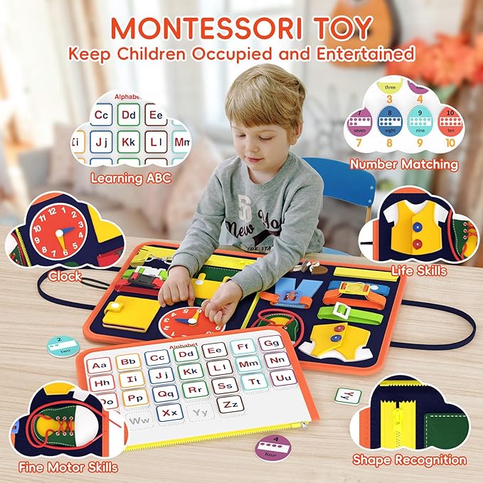 Freebear Busy Board Toddler Travel Toys Sensory Toys for Toddlers 1 2 3 4, Montessori Learning Toys for Toddlers Activities Board, Educational Toys for 3 4 Year Old Boys Girls Gift, Classy