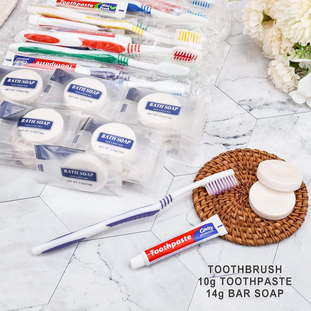 25 Set Disposable Toothbrushes with Toothpaste and Soap Individually Wrapped, 25 pcs Toothbrushes, 5 Colors with 25 pcs Bar Soap(0.5 oz)