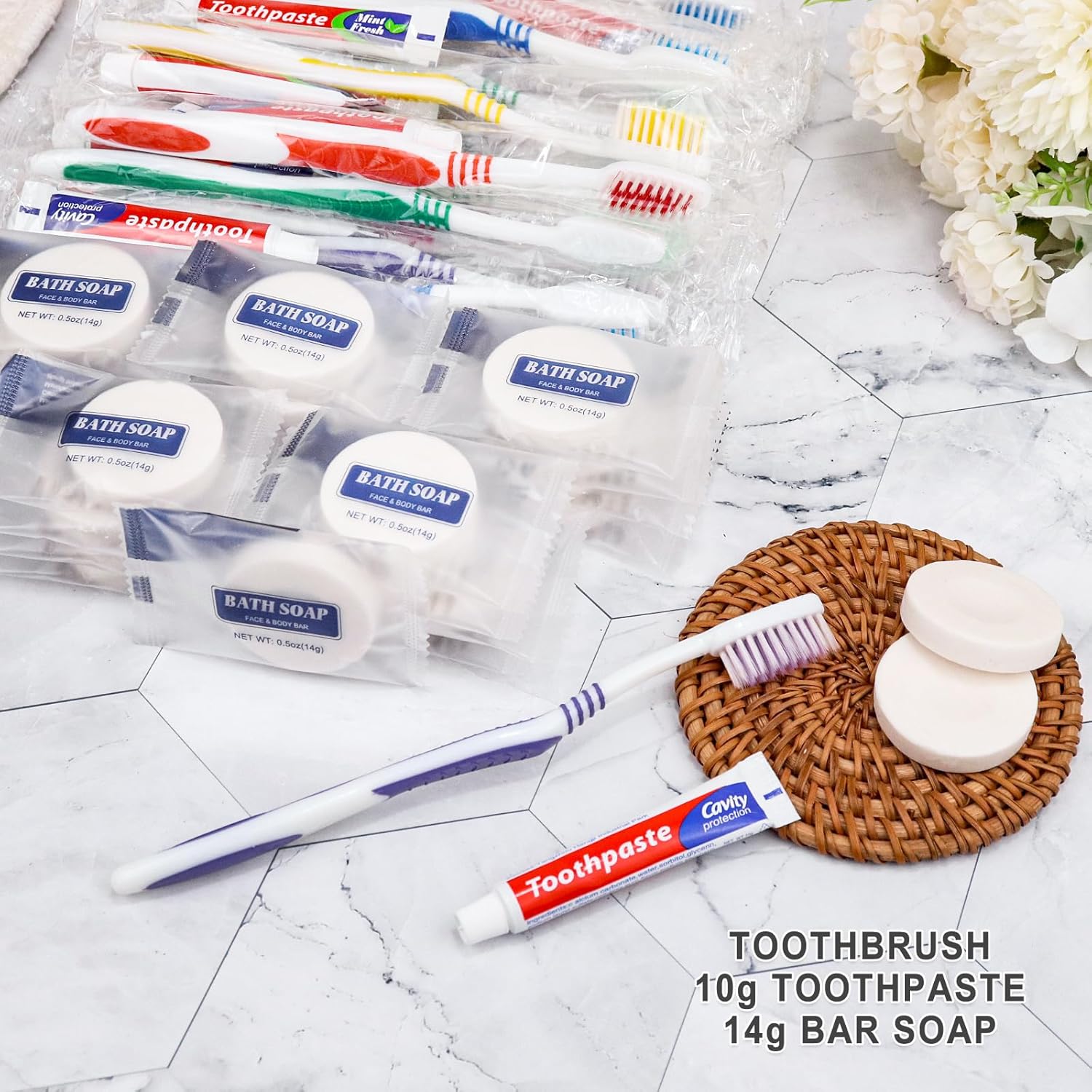 100 Set Disposable Toothbrushes with Toothpaste and Soap Individually Wrapped, 100 pcs Toothbrushes 5 Colors with 100 pcs Bar Soap(0.5 oz)