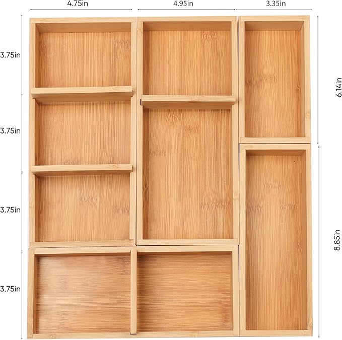 Bamboo Drawer Organizers Set with Removable Dividers, 5PCS Adjustable Multi-Use Wood Storage Organizers(5-9 Grids), Desk Drawer Tray for Bathroom, Office, Dresser, Storage Box for Jewelry, Makeup