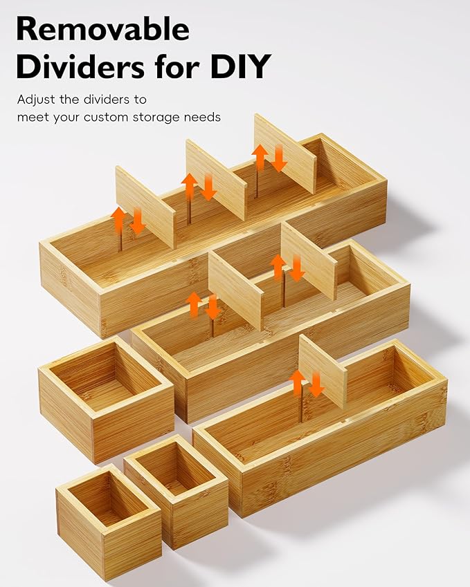 12-Piece Bamboo Desk Drawer Organizer Tray – Adjustable Storage Boxes with 24 Adjustable Compartments for Office Drawer, Jewelry, Vanity & Desk Accessories