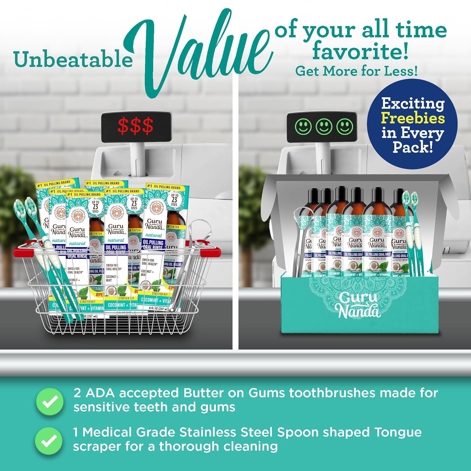 GuruNanda CocoMint Oil Pulling Mouthwash for Complete Oral Hygiene, 7 Essential Oils & Vitamins for Happy Teeth & Gums & Fresh Breath, with 2 Toothbrushes & Tongue Scraper, Alcohol-Free, 6X8 oz