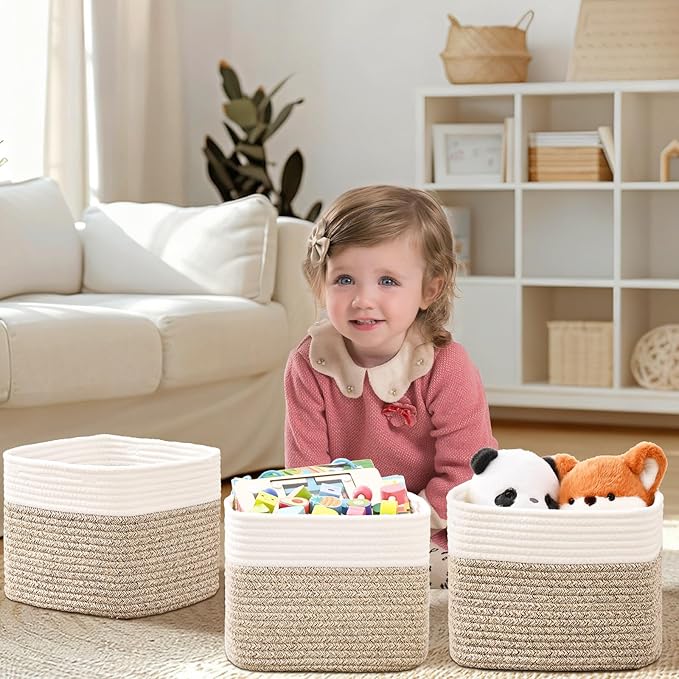 3 Pack Cube Storage Bin, 9”x9”x7” Cotton Rope Woven Baskets for Organizing Toys Clothes Towels, Square Gift Storage Baskets for Shelf, Nursery, Closet, Bathroom, Pantry (White & Jute)
