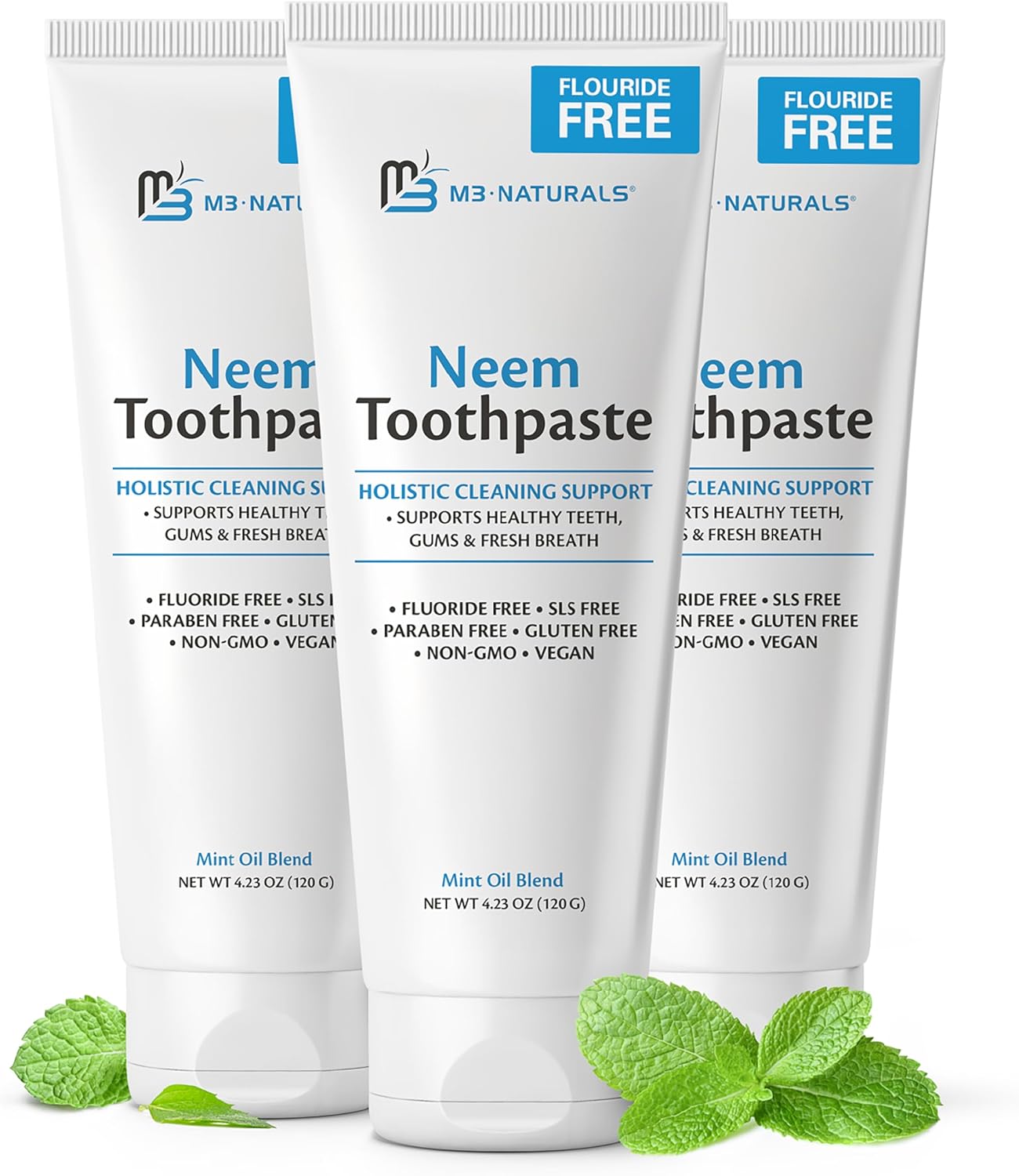 Fluoride-Free Neem Toothpaste with Mint for Adults & Kids with Sensitivity | Vegan, Gluten & SLS Free Herbal Formula for Sensitive Teeth, Healthy Gums and Fresh Breath, 4.23 oz (120g) Pack of 3 by M3