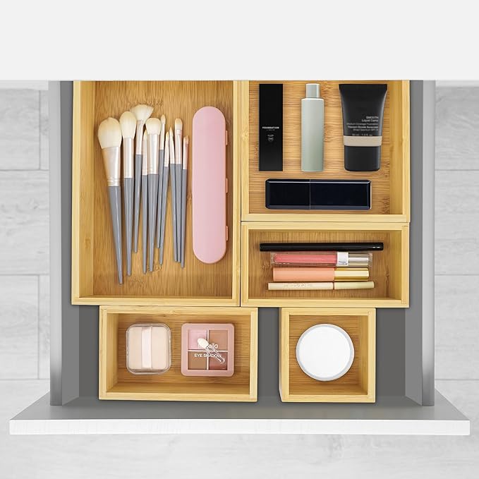 VaeFae 5 PCS Bamboo Drawer Organizers Set, 5-size Wooden Organizer Box, Storage Bins for Kitchen, Bathroom, Office, Bedroom and Living Room