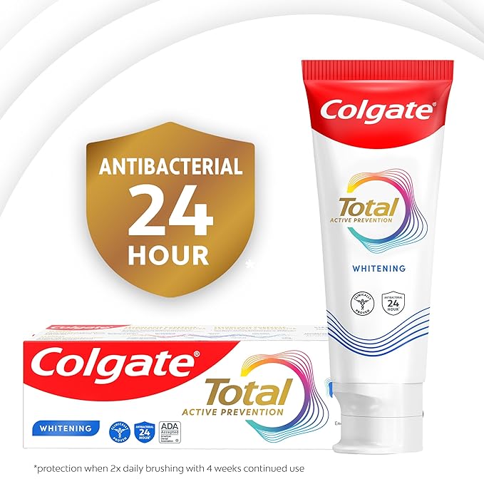 Colgate Total Whitening Toothpaste Paste, 5.1 oz, 4 Pack, Fluoride, Antibacterial, for Plaque, Gingivitis, Sensitivity, Stain Removal, Clinically Proven, Mint, Teeth Whitening, Stannous Fluoride
