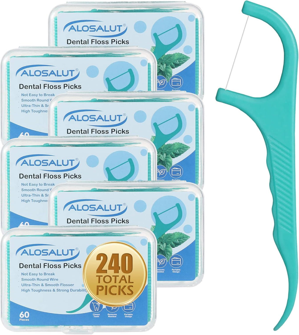 240 Count Dental Floss Picks – Mint Flavored Flossers with Built-in Toothpick for Deep Cleaning – 4 Portable Boxes of 60 – Strong & Smooth Floss Sticks for Family Home Travel - Adults & Kids