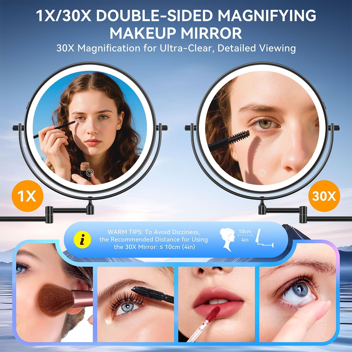 10'' 30X/1X Wall Mounted Lighted Makeup Mirror, 5000mAh Rechargeable Double-Sided Magnifying Mirror with Light, LED Vanity Mirror Touch Dimmable 3 Colors 360° Rotation Extended Foldable Arm, Black