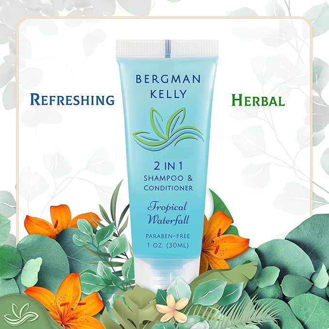 Bergman Kelly - Travel Size 2 in 1 Shampoo & Conditioner - 1 fl oz, 200 PK, Tropical Waterfall - Delight Your Guests w/Invigorating & Refreshing Shampoo Amenities - Small Hotel Toiletries in Bulk