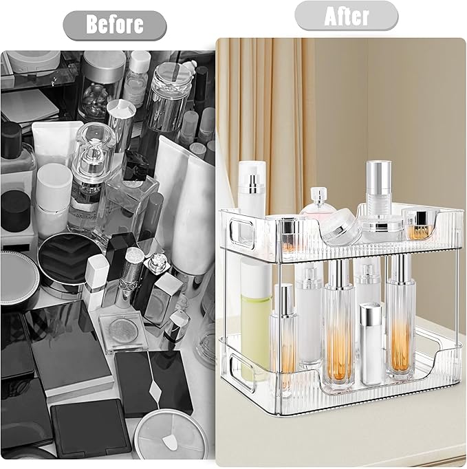 2-Tier Bathroom Counter Organizer Countertop Storage, Dresser Organizer Vanity Tray for Makeup, Perfume Organizer Cosmetics Skincare Shelf- Clear