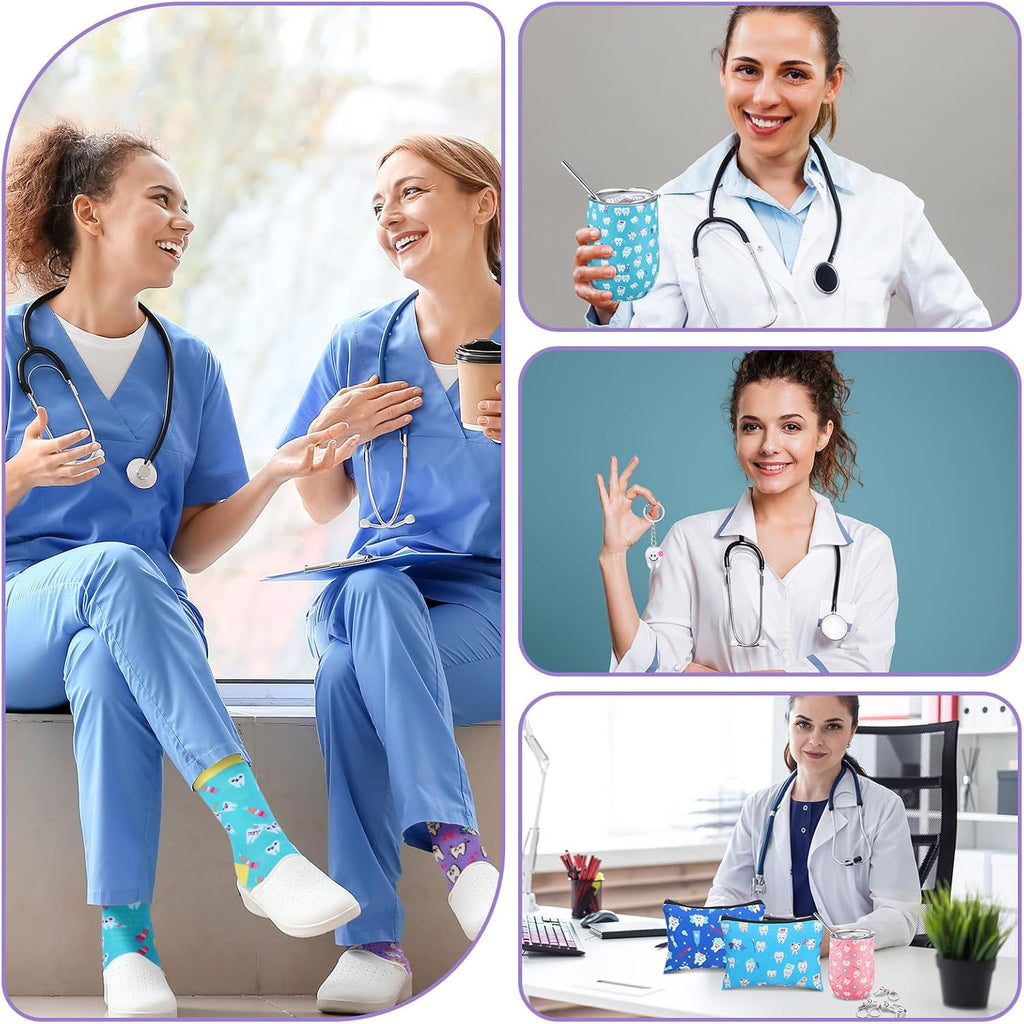 16 Pcs Dental Hygienist Gifts Bulk Include12 oz Teeth Stainless Steel Tumbler Cosmetic Bag Tooth Shape Keychain Tooth Socks Dental Assistant Gifts for Nurse Graduation Accessories