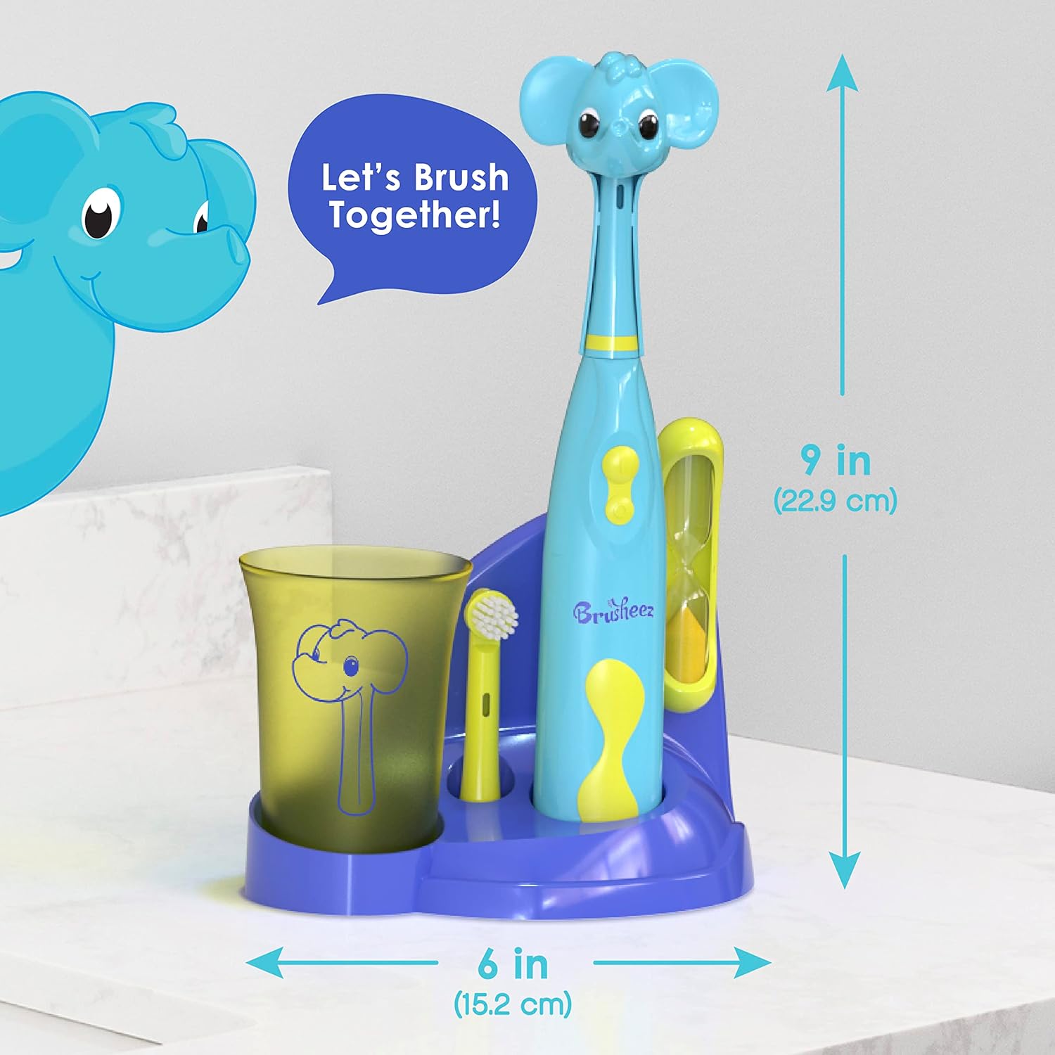Brusheez Kids’ Electric Toothbrush Set - Safe & Effective for Ages 3+ - Parent Tested & Approved with Gentle Bristles, 2 Brush Heads, Rinse Cup, 2-Minute Timer, & Storage Base (Ollie The Elephant)